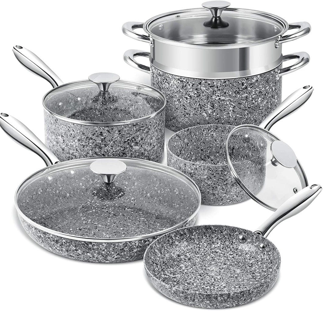 Stone Cookware Set 10 Piece, Ultra Nonstick Pots and Pans Set with Stone-Derived Coating, Kitchen Cookware Sets, Stone Pots and Pans Set, Granite Pots and Pans - 10 Piece